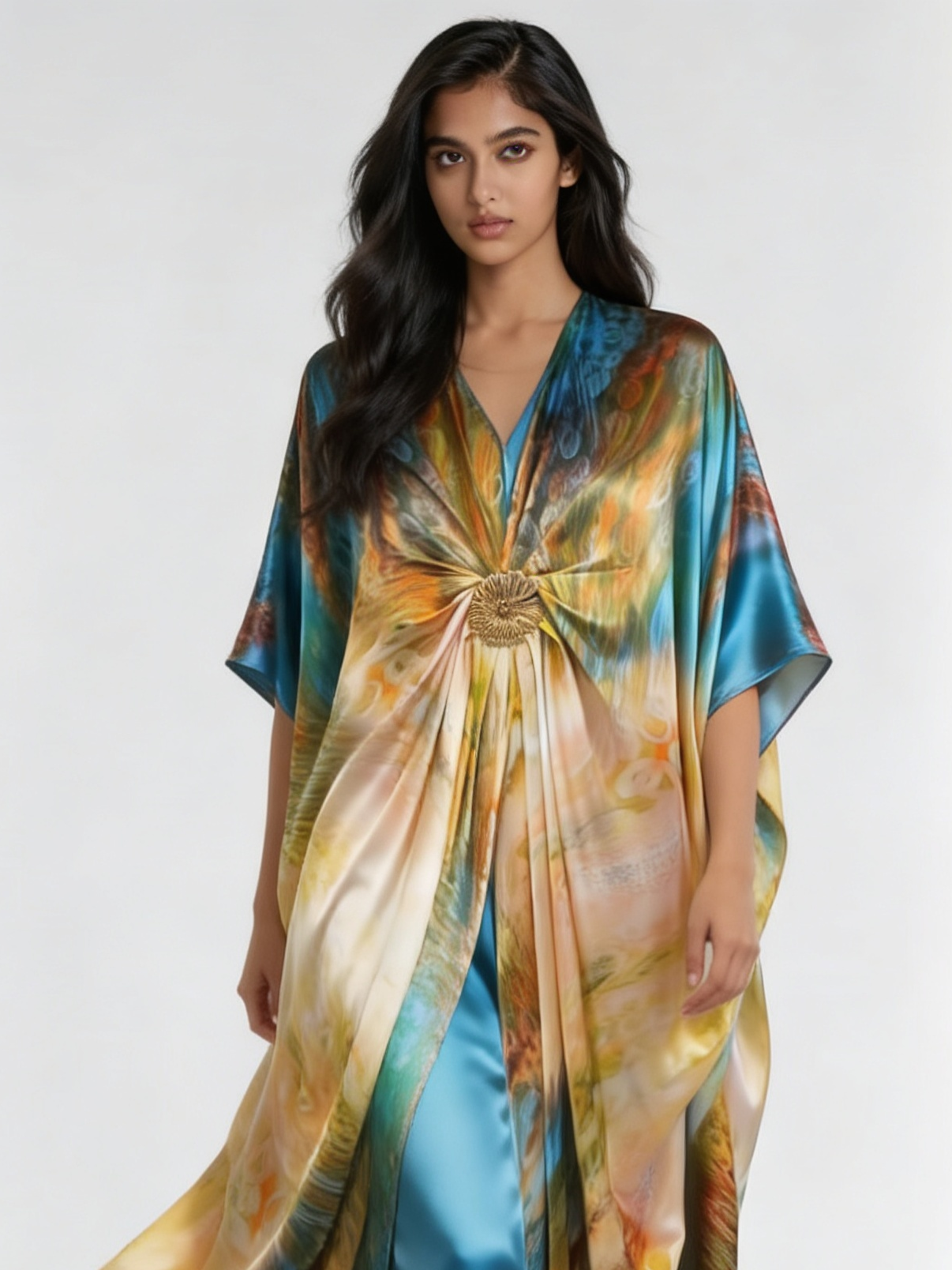 Azure Bloom Digital Print Satin Silk Kaftan
