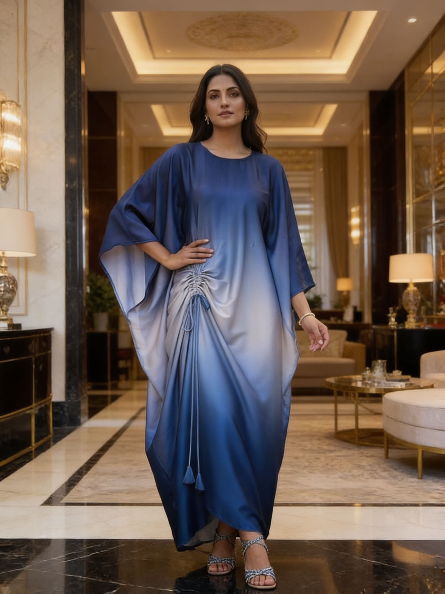 Sapphire Drift Satin Silk Kaftan