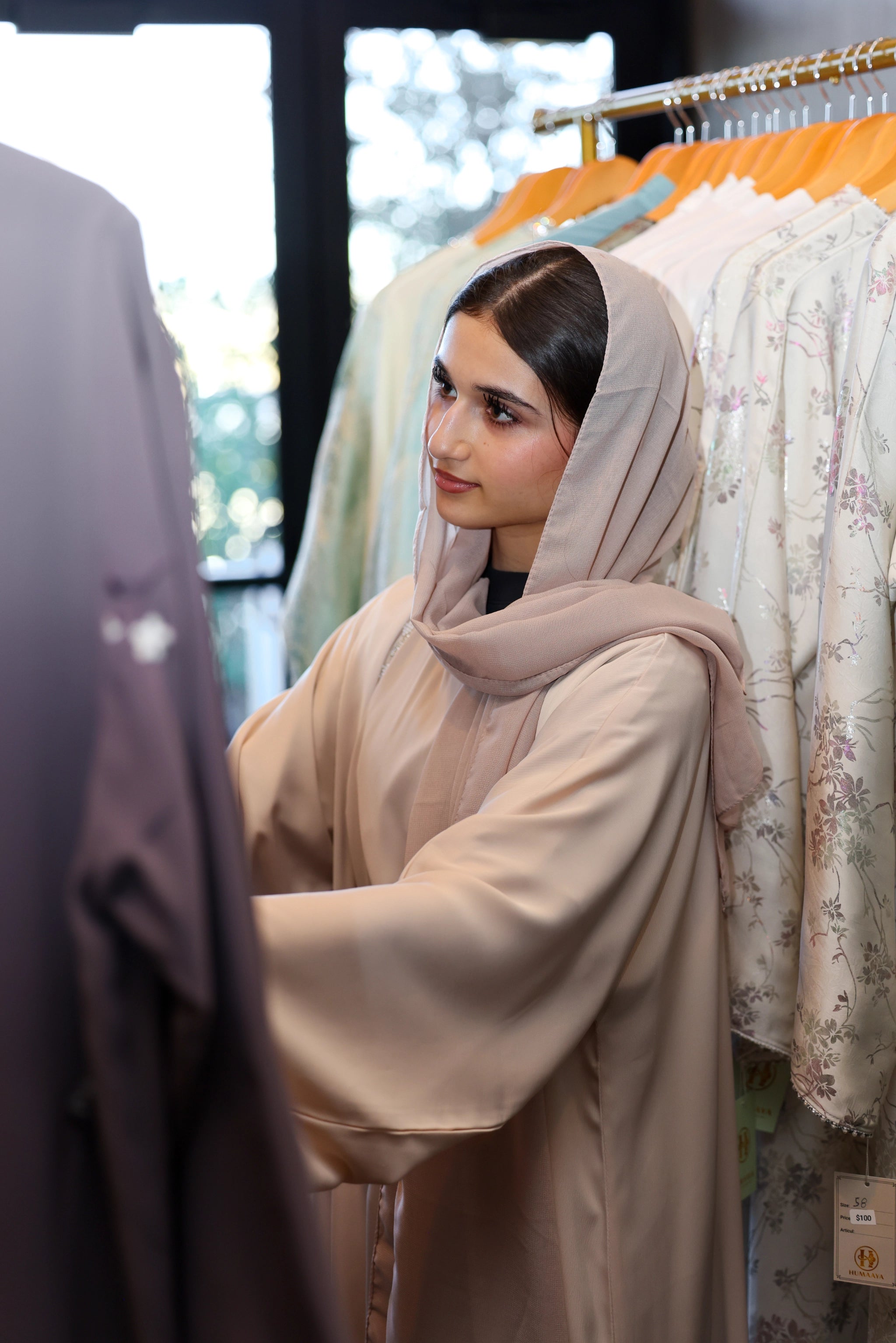 Humaaya Pearl Trim Silk Abaya