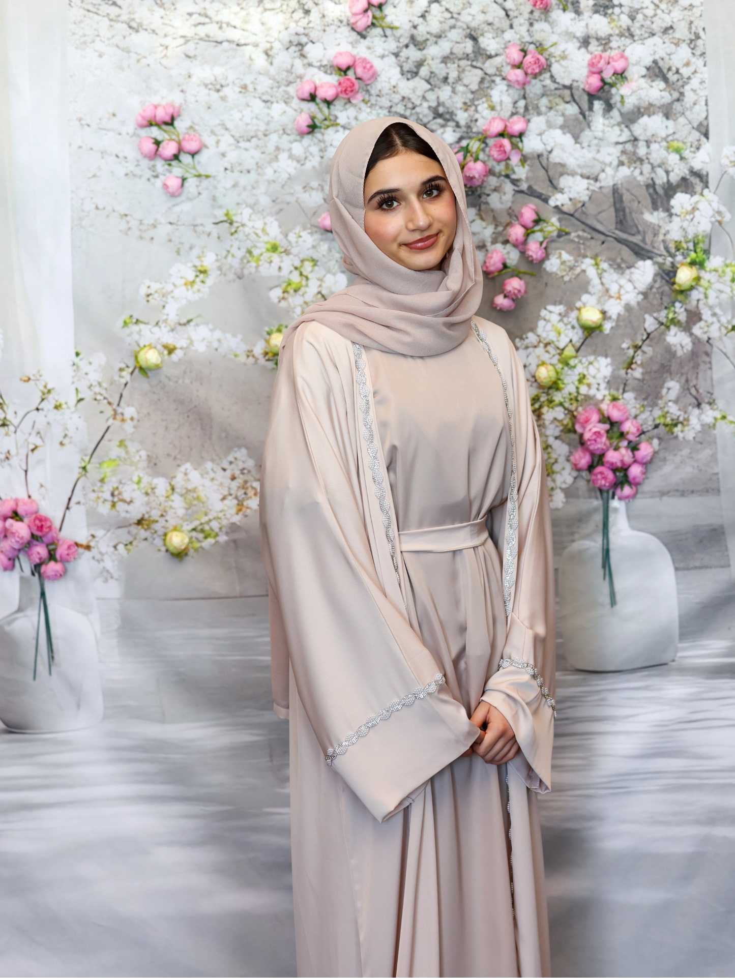 Humaaya Pearl Trim Silk Abaya