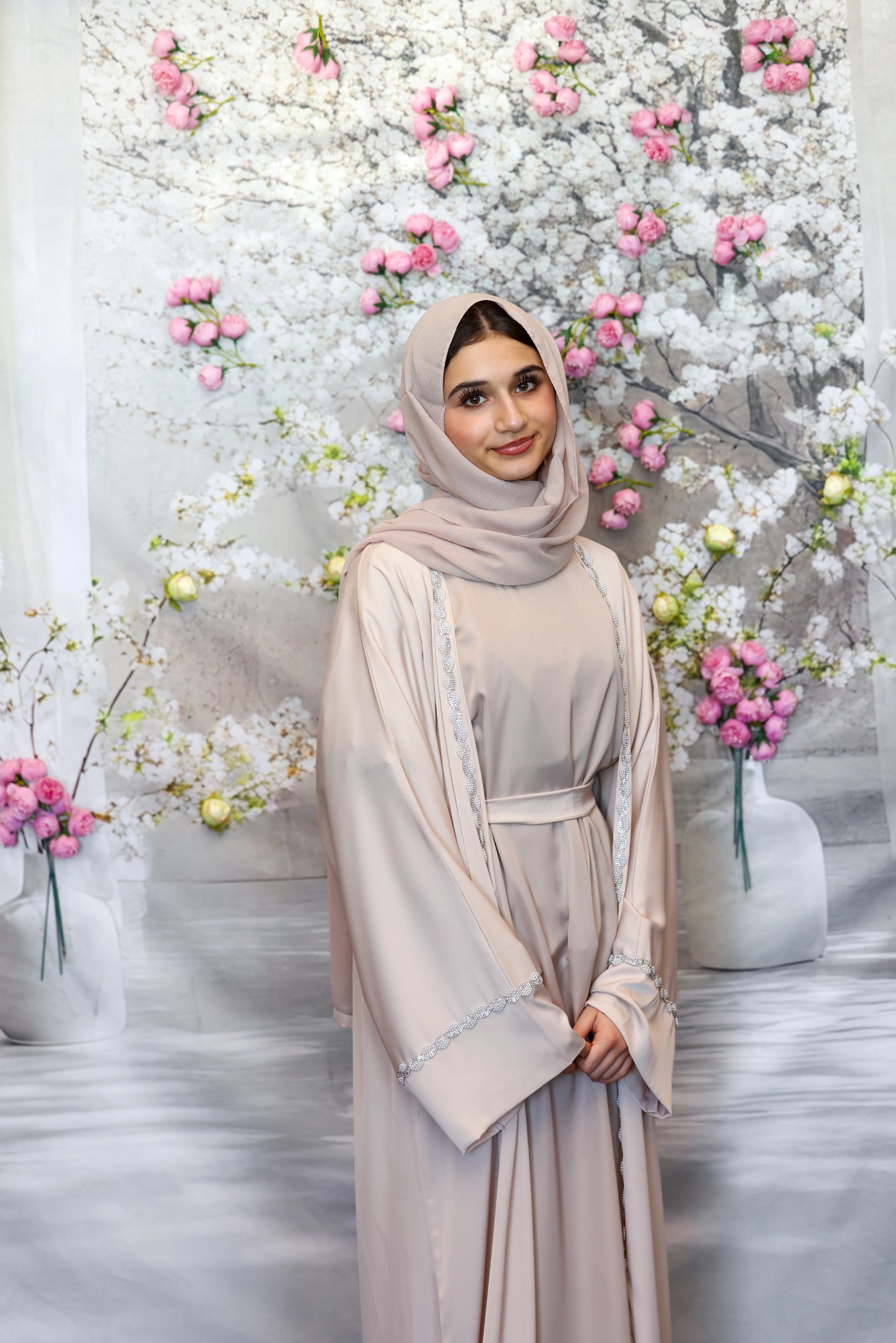 Humaaya Pearl Trim Silk Abaya