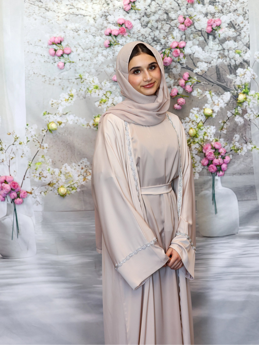 Humaaya Pearl Trim Silk Abaya