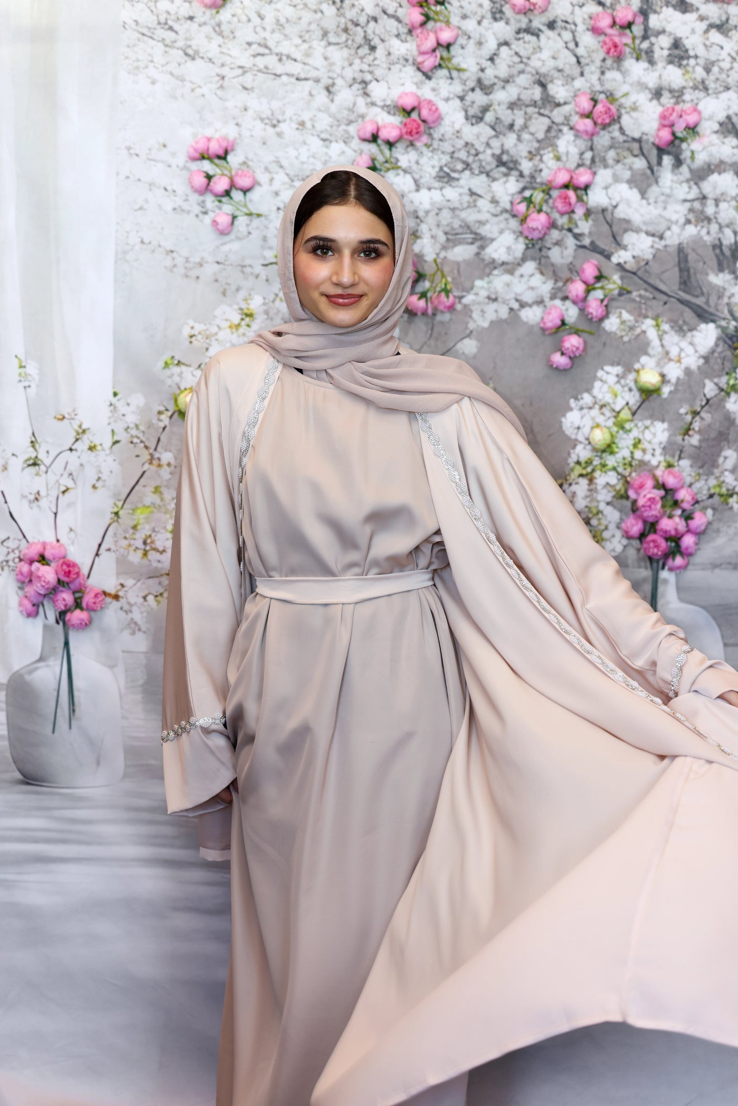 Humaaya Pearl Trim Silk Abaya