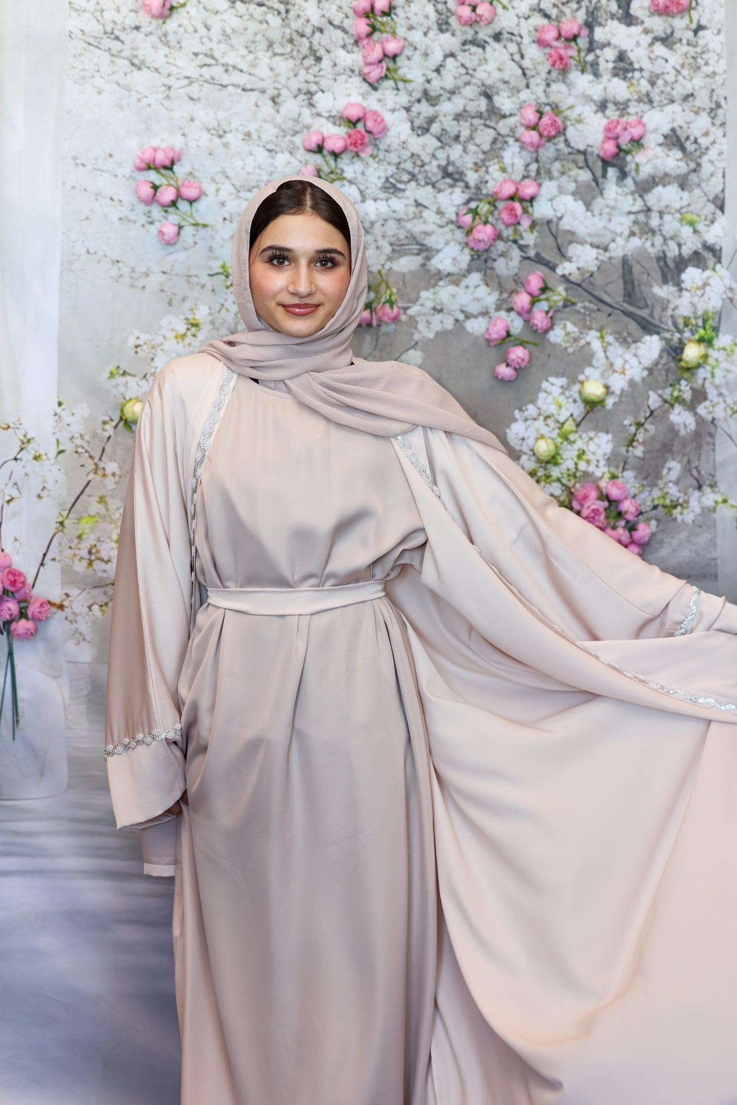 Humaaya Pearl Trim Silk Abaya