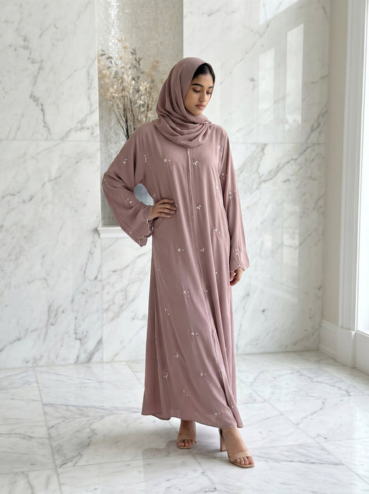 Desert Rose Embroidered Abaya – Dusty Mauve