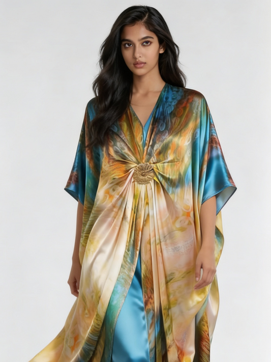 Azure Bloom Digital Print Satin Silk Kaftan