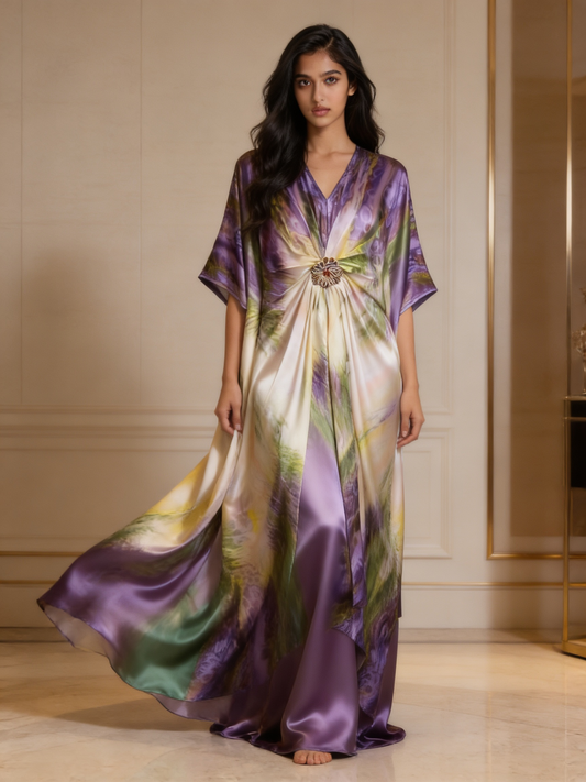 Lavender Meadow Digital Print Satin Silk Kaftan