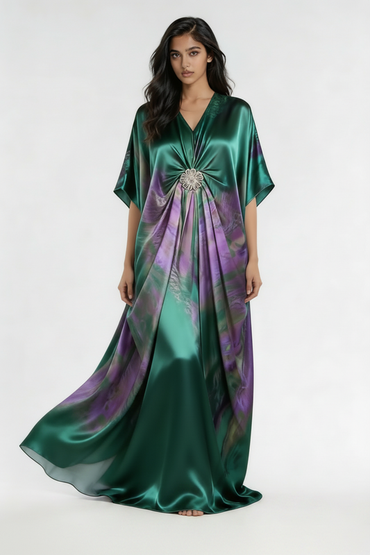 Emerald Mirage Digital Print Satin Silk Kaftan