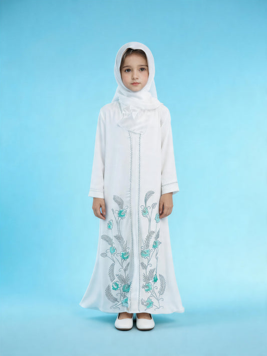 Pearl Bloom White Kids Abaya